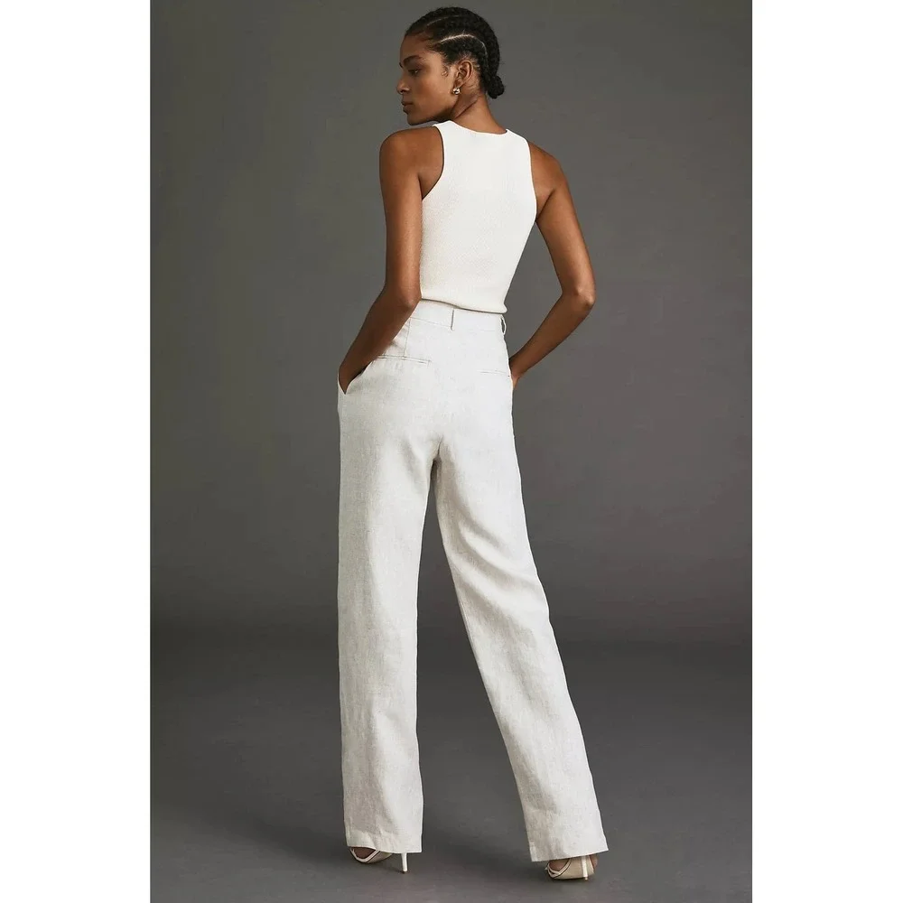 Reformation Mason Linen Wide Leg Pants 6 Oatmeal High Rise Pleated 100% Linen